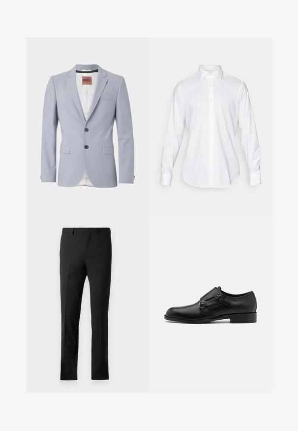 Lichtblauwe op maat gemaakte blazer van gladde stof met revers, twee voorzakken, sluiting met drie knopen en subtiele witte voering.; Witte lange mouw knoopshirt met een klassieke kraag, een gladde stof en een voorpaneel met lichte, ronde knopen.; Zwarte broeken met een getailleerde pasvorm, voorzien van een flat front, twee plooien, riemlussen en een gladde textuur. Geen zichtbare patronen of hardware.; Zwarte leren dresschoen met dubbele gespen, slank silhouet en ronde neus. Kenmerkt zich door een lage hak en een gladde textuur.