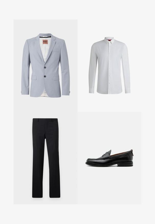 Lichtblauwe op maat gemaakte blazer van gladde stof met revers, twee voorzakken, sluiting met drie knopen en subtiele witte voering.; Witte lange mouwen shirt met een kraag met knopen, met een zachte textuur, rechte snit en subtiele details langs de voorkant van de knoopsluiting.; Zwarte op maat gemaakte pantalon met een recht model, scherpe plooien en een gladde afwerking. Gemaakt van lichtgewicht stof met een strakke tailleband.; Zwarte leren herensloffen met moc toe stiksel, pennyriem, gestructureerde kraag en lage gestapelde hak op witte achtergrond.