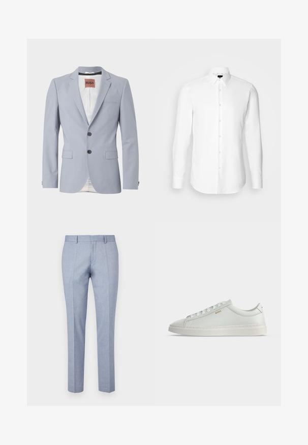 Lichtblauwe op maat gemaakte blazer van gladde stof met revers, twee voorzakken, sluiting met drie knopen en subtiele witte voering.; Witte blouse met lange mouwen, knoopsluiting aan de voorkant, klassieke kraag, gemaakt van gladde stof met een subtiele textuur, ontworpen voor een aansluitende pasvorm.; Lichtblauwe op maat gemaakte broek met een gladde stofstructuur, voorzien van een rechte voorkant, twee zijzakken en een slim fit ontwerp.; Witte lage leren sneaker met veters, platte zool en klein gouden "BOSS" logo aan de zijkant, gezien vanaf de buitenkant.