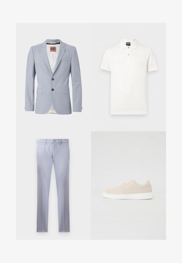 Lichtblauwe op maat gemaakte blazer van gladde stof met revers, twee voorzakken, sluiting met drie knopen en subtiele witte voering.; Wit poloshirt met korte mouwen, een gestructureerd stofpatroon, twee knopen bij de kraag en een merklabel aan de binnenkant van de hals.; Lichtgrijze op maat gemaakte broeken van gladde stof, met een knoopsluiting, riemlussen en een rechte pijp. Geen zichtbare zakken.; Beige suède sneakers met witte rubberen zolen, ronde neus en zes veterogen. Gladde textuur met minimalistisch ontwerp.