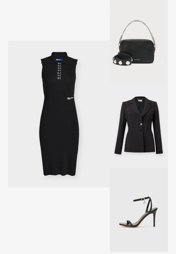 Blazer noir ajusté à manches longues, avec deux boutons à l'avant, détail structuré au niveau de la poitrine, et col à revers cranté.; Robe mi-longue noire sans manches en maille côtelée avec col montant, fermetures argentées à crochets sur le devant et petit logo "KARL LAGERFELD JEANS".; Sandale à talon haut noire avec une bride étroite à la cheville, bout carré, cuir lisse et accent de boucle métallique.; Sac bandoulière en cuir noir avec une finition texturée, bandoulière chaîne argentée et bracelet poignet noir clouté. Comprend une fermeture éclair sur le dessus et un détail logo.