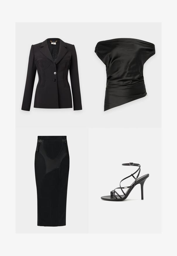 Blazer noir ajusté à manches longues, avec deux boutons à l'avant, détail structuré au niveau de la poitrine, et col à revers cranté.; STAUD PHARE - Débardeur - black; Jupe crayon noire taille haute avec détails de panneaux cousus et deux petites boucles dorées à la taille.; Sandale noire à talons hauts avec des brides fines, une boucle à la cheville, une surface en cuir lisse et un talon aiguille élancé.