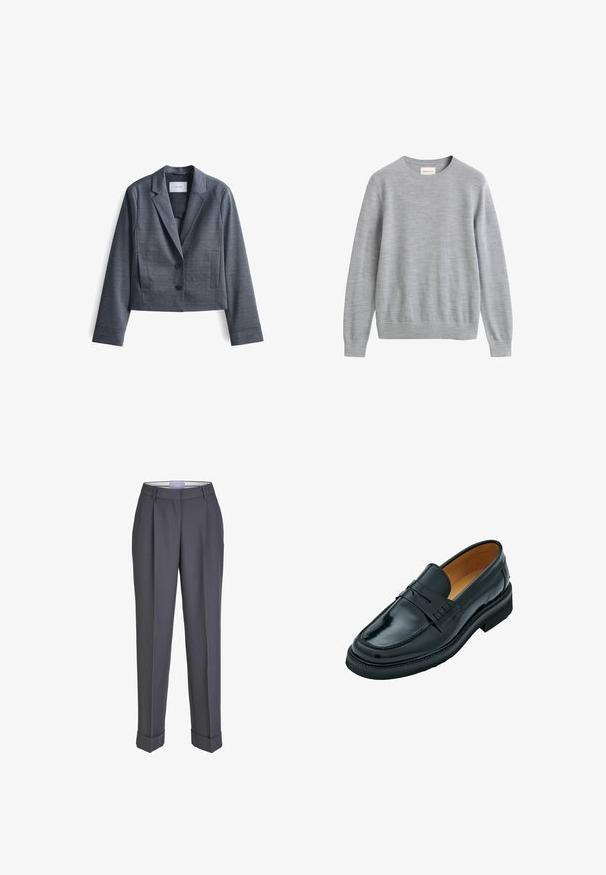 Dunkelgrauer, taillierter Blazer aus glattem Stoff mit Reverskragen, Zwei-Button-Verschluss und seitlichen Taschen. Schlichte Gestaltung, minimalistische Akzente.; Hellgrauer Pullover mit Rundhalsausschnitt und langen Ärmeln aus feinem Strickstoff mit gerippten Bündchen und Saum.; Dunkelgraue Tailor-Hosen mit geradem Bein, gefalteter Vorderseite und umgeschlagenen Säumen. Hergestellt aus glattem Stoff und mit einem klassischen Bund versehen.; Schwarze Lederloafer mit glatter Oberfläche, ausgestattet mit einem erhöhten Riemen über dem Rist, einer runden Zehenform und einer niedrigen, flachen Gummisohle.
