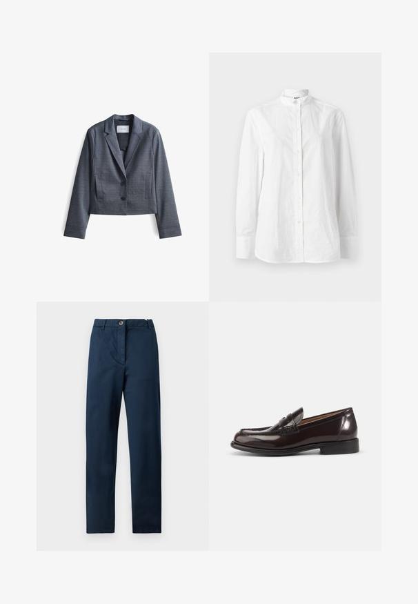 Donkergrijze, geknipte blazer gemaakt van soepel materiaal met gespiegelde revers, sluiting met twee knopen en zijzakken. Eenvoudig ontwerp, minimale accenten.; Witte blouse met lange mouwen en knopen, uitgevoerd met een opstaande kraag, een gladde textuur en een subtiele knoopsluiting met ronde knopen.; Marineblauwe katoenen broek met een vlakke voorkant, ritssluiting en knoopsluiting, zijzakken en een rechte pijp. Gladde textuur, zonder patronen.; Donkerbruine gepolijste leren heren penny loafer met lage hak en gestikte details op witte achtergrond.