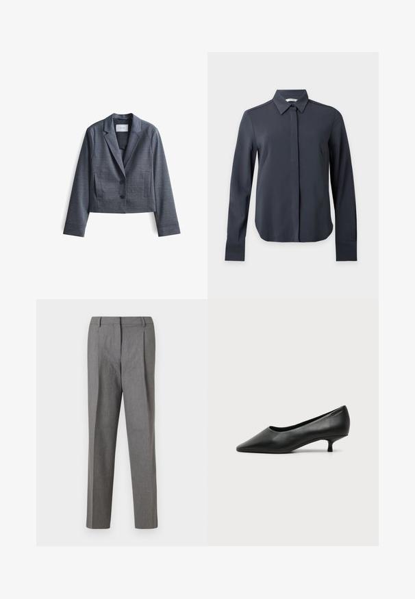 Dunkelgrauer, taillierter Blazer aus glattem Stoff mit Reverskragen, Zwei-Button-Verschluss und seitlichen Taschen. Schlichte Gestaltung, minimalistische Akzente.; Langärmliges dunkelgraues Hemd mit Kragen und verdeckten Knöpfen vorne vor neutralem Hintergrund.; Graue maßgeschneiderte Hosen aus einem strukturierten Stoff, mit einem geraden Beinschnitt, Falten an der Vorderseite und einem Bund ohne sichtbare Hardware.; Schwarzer Leder-Damenschuh mit niedrigem Absatz, spitzer Schuhspitze und kleinem Kittenabsatz auf schlichtem hellem Hintergrund.