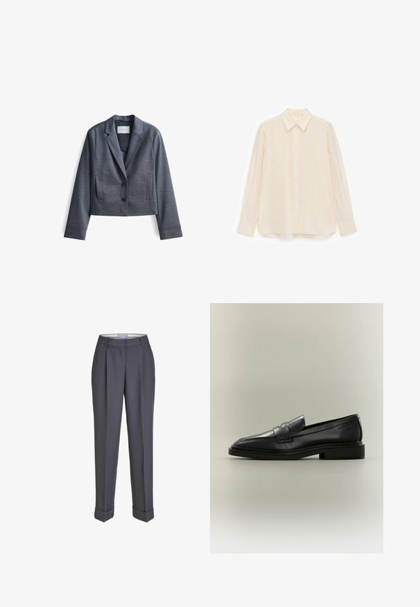 Donkergrijze, geknipte blazer gemaakt van soepel materiaal met gespiegelde revers, sluiting met twee knopen en zijzakken. Eenvoudig ontwerp, minimale accenten.; Roomkleurig overhemd met knopen, gemaakt van een gladde stof, met een kraag, lange mouwen en een licht gebogen zoom.; Donkergrijze op maat gemaakte broek met een recht gesneden ontwerp, geplooid voorpand en omslagmanchetten. Gemaakt van soepel materiaal, met een klassieke tailleband.; Zwarte leren penny loafer met lage hak, afgeronde neus en gestikte details op een neutrale achtergrond.