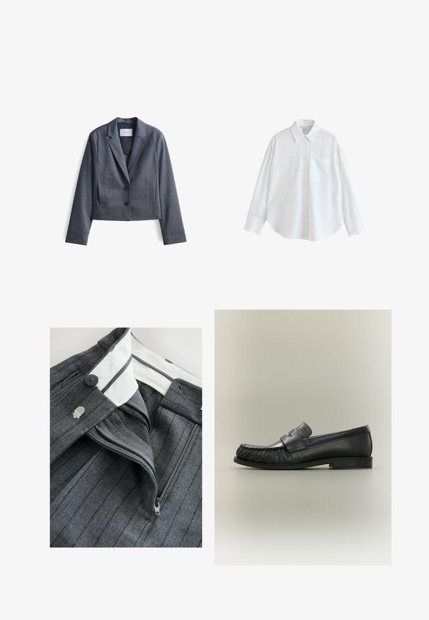 Dunkelgrauer, taillierter Blazer aus glattem Stoff mit Reverskragen, Zwei-Button-Verschluss und seitlichen Taschen. Schlichte Gestaltung, minimalistische Akzente.; Weißes langärmeliges Hemd mit Knopfleiste, spitzem Kragen, einer Brusttasche und breiten Manschetten, dargestellt auf einem schlichten weißen Hintergrund.; Next PETITE FIT - STRIPED STRAIGHT - Stoffhose - grey; Schwarzer Leder-Pennyloafer mit gerafftem Zehdetail und niedrigem gestapeltem Absatz, seitlich auf neutralem Hintergrund betrachtet.