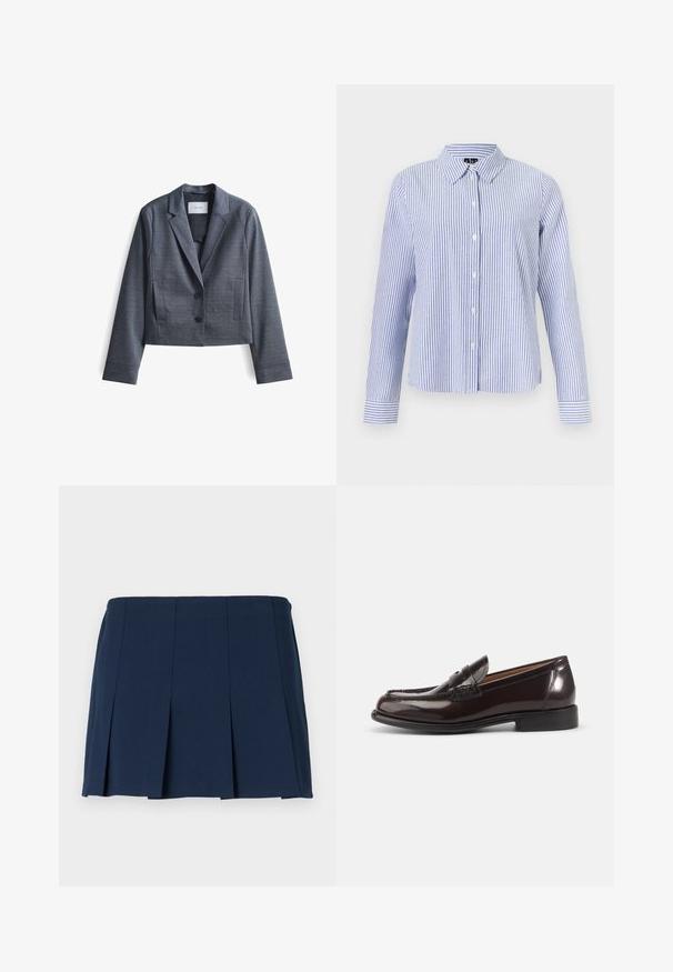 Dunkelgrauer, taillierter Blazer aus glattem Stoff mit Reverskragen, Zwei-Button-Verschluss und seitlichen Taschen. Schlichte Gestaltung, minimalistische Akzente.; Langärmliges Hemd zum Knöpfen mit weißen und hellblauen vertikalen Streifen und spitzem Kragen, dargestellt vor einfarbigem Hintergrund.; Marineblauer, gefalteter Minirock mit geradem Bund, aus glattem Stoff. Verfügt über vertikale Nähte entlang der Falten.; Dunkelbrauner, polierter Herren-Pennyloafer aus Leder mit niedrigem Absatz und gesteppten Details auf weißem Hintergrund.
