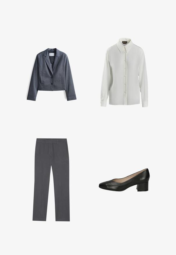 Donkergrijze, geknipte blazer gemaakt van soepel materiaal met gespiegelde revers, sluiting met twee knopen en zijzakken. Eenvoudig ontwerp, minimale accenten.; Luisa Spagnoli LIMONAIA - Overhemdblouse - panna; Grijze dress pants van een soepele stof, met een recht model, voorzakken en een tailleband met riemlussen.; Zwarte leren pump met een ronde neus, een middelhoge blokhak en een gladde textuur. Eenvoudig ontwerp zonder zichtbare versieringen.