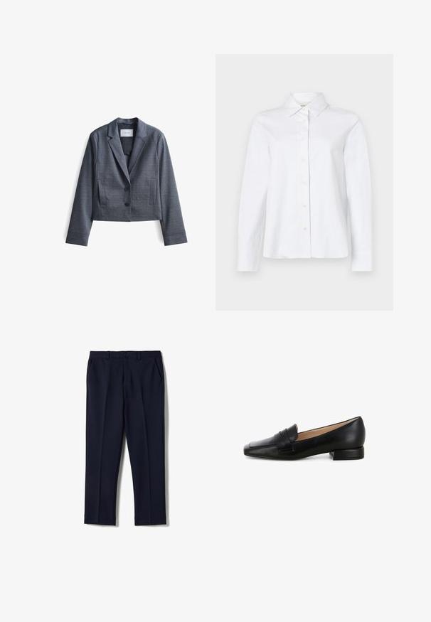 Donkergrijze, geknipte blazer gemaakt van soepel materiaal met gespiegelde revers, sluiting met twee knopen en zijzakken. Eenvoudig ontwerp, minimale accenten.; CLOSED CLASSIC SHIRT WITH STRAP DETAIL - Overhemdblouse - white; Formele rechte broek in marineblauw met steekzakken, lussen voor een riem en een knoopsluiting in de taille.; Zwarte leren loafer met een platte hak, vierkante neus en een gestikte banddetail over de voorkant. Gladde textuur met een gepolijste afwerking.