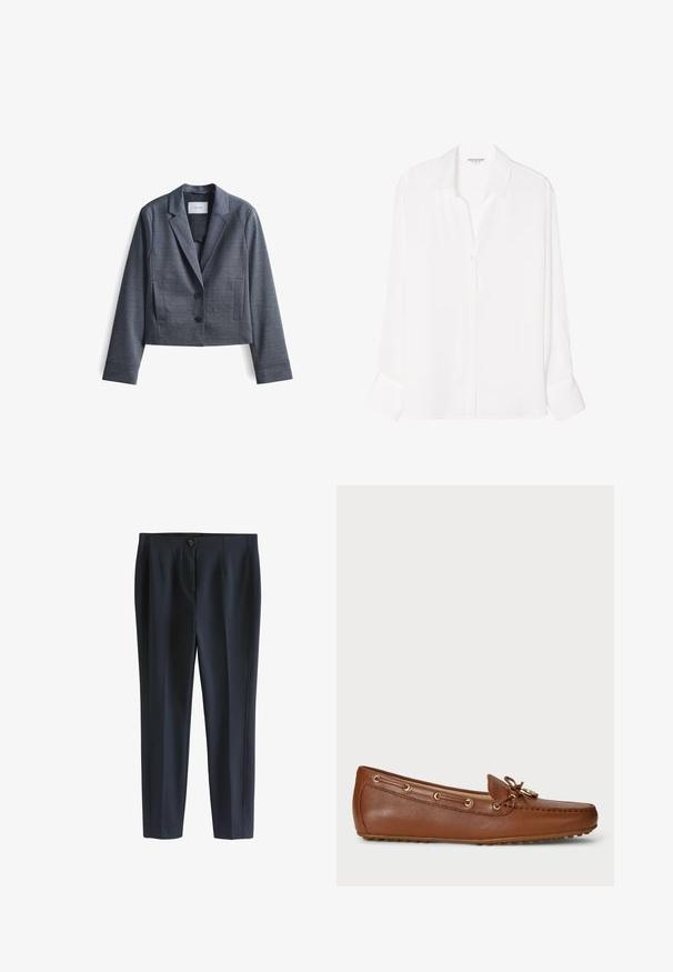 Donkergrijze, geknipte blazer gemaakt van soepel materiaal met gespiegelde revers, sluiting met twee knopen en zijzakken. Eenvoudig ontwerp, minimale accenten.; BONOBO Jeans UMWELTFREUNDLICHES - Overhemdblouse - ecru; Donkerblauwe op maat gemaakte broek met een gladde textuur, voorzien van een enkele knoopsluiting, een platte voorkant en een persplooi langs de benen.; Bruine leren moccasin-schoen met veters en gouden oogjes, voorzien van een ronde neus en een rubberen zool met kleine noppen voor grip.