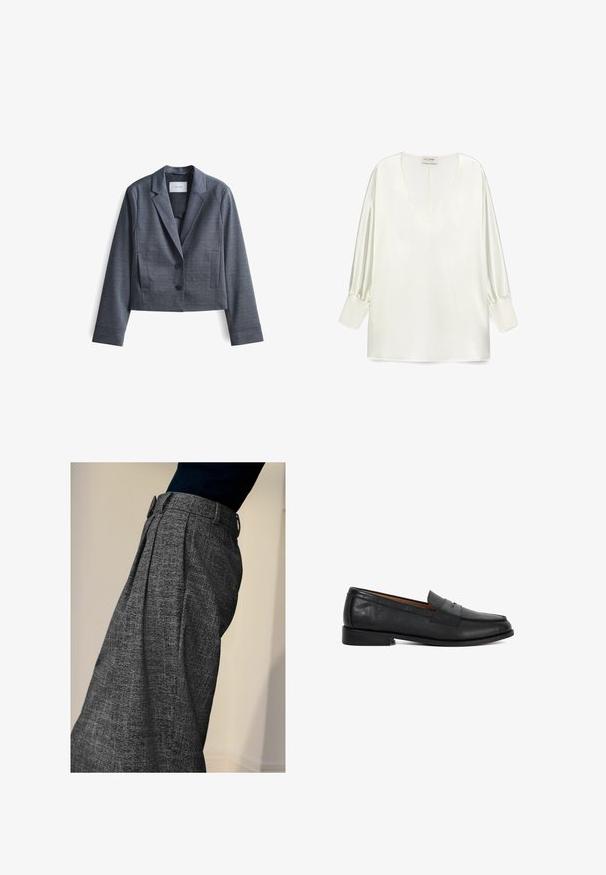 Dunkelgrauer, taillierter Blazer aus glattem Stoff mit Reverskragen, Zwei-Button-Verschluss und seitlichen Taschen. Schlichte Gestaltung, minimalistische Akzente.; Weiße Satinbluse mit einem tiefen V-Ausschnitt, langen Puffärmeln und geradem Saum. Der Stoff hat eine glatte, glänzende Textur.; Person, der hoch taillierte graue strukturierten Hosen mit vorderen Falten und einem schwarzen Oberteil trägt, von der Seite vor einem schlichten Hintergrund gezeigt.; Schwarzer Penny-Loafer aus Leder mit niedrigem Absatz, abgerundetem Zehenbereich und Riemendetail auf glattem Obermaterial, dargestellt in seitlicher Ansicht von links.