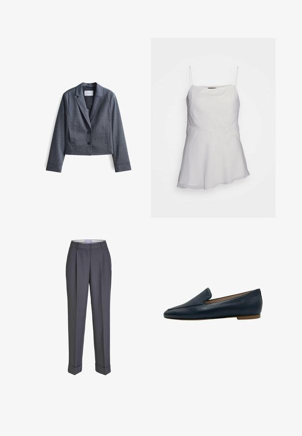 Dunkelgrauer, taillierter Blazer aus glattem Stoff mit Reverskragen, Zwei-Button-Verschluss und seitlichen Taschen. Schlichte Gestaltung, minimalistische Akzente.; Weißes, ärmelloses Top mit dünnen Trägern, lockerer Passform und asymmetrischem Design. Hergestellt aus einem glatten, leichten Stoff.; Dunkelgraue Tailor-Hosen mit geradem Bein, gefalteter Vorderseite und umgeschlagenen Säumen. Hergestellt aus glattem Stoff und mit einem klassischen Bund versehen.; Dunkelblaue Lederloafers mit spitzer Spitze, flacher Sohle und minimalistischem Design. Glatte Textur ohne sichtbare Beschläge oder Akzente.