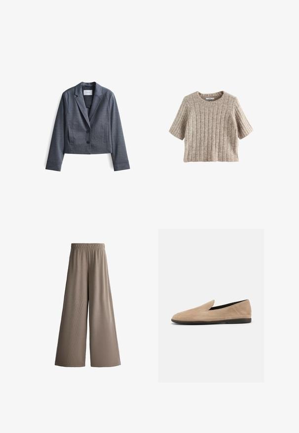 Donkergrijze, geknipte blazer gemaakt van soepel materiaal met gespiegelde revers, sluiting met twee knopen en zijzakken. Eenvoudig ontwerp, minimale accenten.; Korte mouwen, geribbelde trui in lichtbeige, met een ronde halslijn en zachte textuur, gemaakt van een comfortabele gebreide stof.; Wijde broek in lichtbruin met elastische taille, gemaakt van zachte, vloeiende stof, geschikt voor casual dragen.; Beige suède instapper loafer met zwarte zool, lage hak en afgeronde neus, zijaanzicht op witte achtergrond.