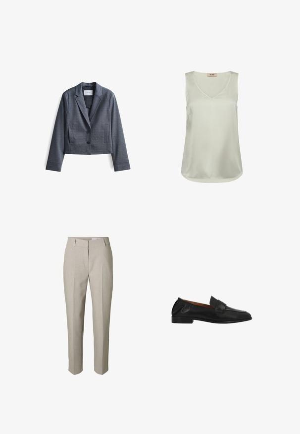 Dunkelgrauer, taillierter Blazer aus glattem Stoff mit Reverskragen, Zwei-Button-Verschluss und seitlichen Taschen. Schlichte Gestaltung, minimalistische Akzente.; Ärmellose, hellbeige Satinbluse mit V-Ausschnitt und abgerundetem Saum, mit einem kleinen Etikett auf der Rückseite des Innenkragens.; Beige maßgeschneiderte Hose mit Gürtelschlaufen, einem vorderen Reißverschluss und gebügelten Bügelfalten an den Beinen, vor weißem Hintergrund dargestellt.; Schwarzer Leder-Slipper mit niedrigem Absatz, abgerundeter Spitze und einem gesteppten Riemendetail über dem Spann.