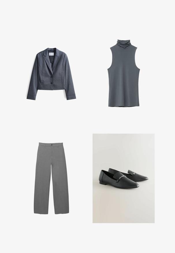Donkergrijze, geknipte blazer gemaakt van soepel materiaal met gespiegelde revers, sluiting met twee knopen en zijzakken. Eenvoudig ontwerp, minimale accenten.; Mouwloze coltrui in donkergrijze stof; zachte textuur en gevallen halslijn. Heeft een ontspannen pasvorm zonder zichtbare sluitingen of versieringen.; Lichtgrijze broek met wijde pijpen van een gladde, gestructureerde stof, voorzien van een knoopsluiting aan de voorkant en riemlussen in de taille.; Zwarte leren loafers met een puntige neus, voorzien van een zilveren accent en een omslagklep. Platte hak en een gladde textuur.