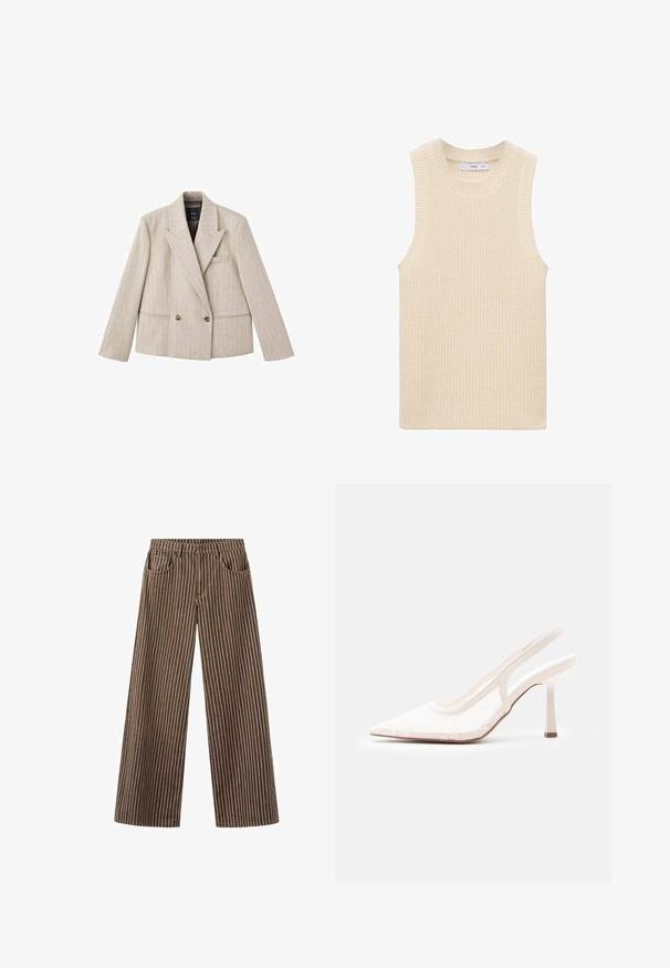 Beige dobbeltbrystet blazer med en notch-lapel, vertikal stribet mønster, to forlommer og brune knapper. Struktureret stoffinish.; Strikket ærmeløs top i elfenben, med ribbet tekstur, bred halsudskæring og rent, minimalistisk design uden synlige lukninger.; Brune bukser med vide ben og hvide lodrette nålestriber, forlommer, bæltestropper og knaplukning i taljen.; Hvid spids tå slingback højhælet sko med blonder og meshoverdel samt slank hæl på enkel lys grå baggrund.