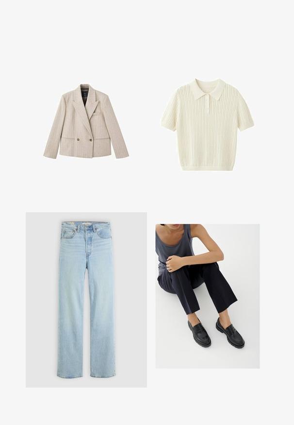 Beige dobbeltbrystet blazer med en notch-lapel, vertikal stribet mønster, to forlommer og brune knapper. Struktureret stoffinish.; Kortærmet strikket polo i cremefarve med spids krave, tre-knaps slids og lodret tekstureret stribet mønster.; Lysblå denim jeans med lige ben, der har fem lommer, en klassisk lynlås og synlige stikninger.; Sorte læderloafers med teksturerede detaljer, lav hæl, rund tå og synlige syninger. Modellen bærer mørke bukser og en grå top.