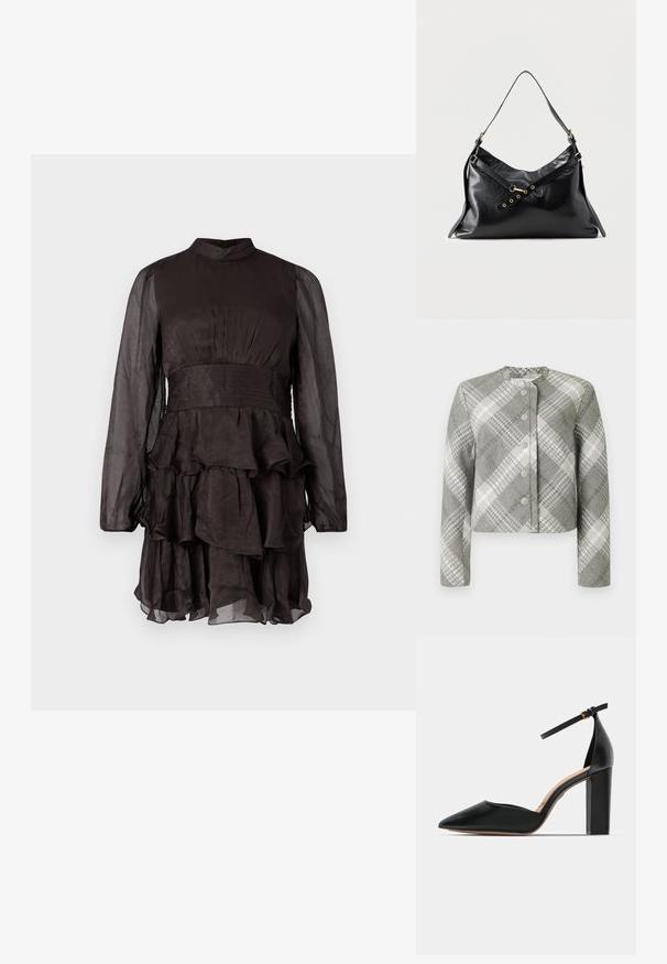 Veste courte à motif à carreaux gris et blanc, avec un col rond, des manches longues et cinq boutons décoratifs à l'avant.; Robe noire transparente à manches longues avec un col montant, taille plissée et jupe à volants superposés sur fond blanc uni.; Chaussure à talons hauts en cuir noir avec une bride de cheville, bout pointu et un talon carré épais. Texture lisse avec un design minimaliste.; Sac à épaule en cuir noir avec une forme large et incurvée. Présente un accent en métal doré, une bandoulière réglable et des trous décoratifs. Texture lisse.