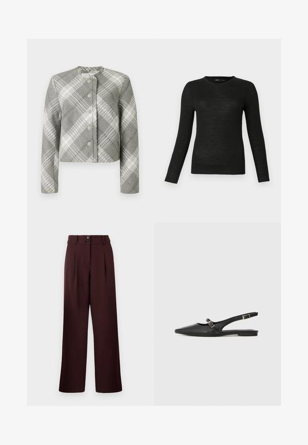 Veste courte à motif à carreaux gris et blanc, avec un col rond, des manches longues et cinq boutons décoratifs à l'avant.; Pull ajusté à col rond à manches longues noir, avec une texture lisse, présenté sur un fond gris clair uni.; Pantalons évasés en bordeaux foncé, avec une taille haute, deux plis à l'avant et une fermeture à deux boutons. Fabriqués en tissu texturé.; Chaussures slingback en cuir noir avec un bout pointu, comprenant une lanière étroite et un accent de boucle argentée sur le côté. Semelle plate.