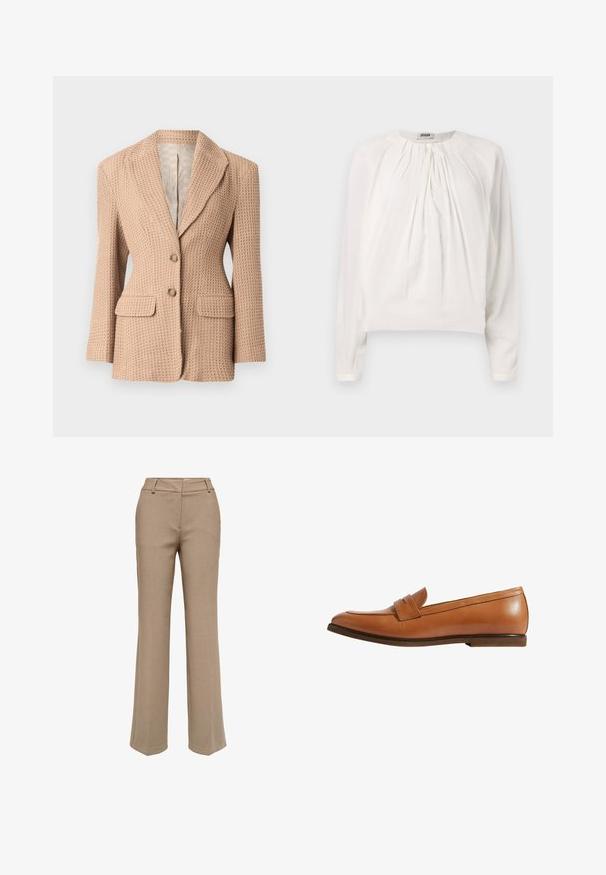 Blazer beige, texturé, avec un motif tissé, à revers cranté, deux poches avant et deux boutons. Intérieur doublé de couleur claire.; Blouse blanche à manches longues avec un col rond et un devant plissé. Tissu doux et lisse avec une coupe décontractée et un détail de bouton au col.; Pantalon beige à jambes droites avec passants pour ceinture et fermeture éclair devant, présenté sur fond blanc.; Mocassin en cuir tan au design épuré, avec un détail de sangle à l'avant, un bout arrondi et un petit talon marron. Texture lisse, style minimaliste.