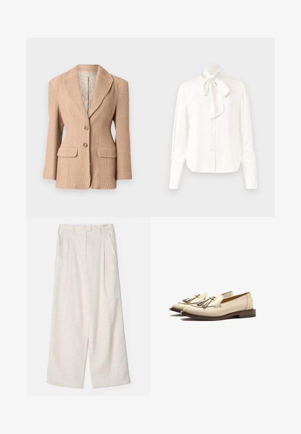 Beige, tekstureret blazer med et vævet mønster, knækket revers, to forlommer og to knapper. Fóret indvendigt i en lys farve.; Hvid langærmet bluse i et let materiale med høj krave og stort Sløjfedetalje ved halsen, der har en knappet front.; Beige brede benbukser lavet af et letvægtigt, struktureret stof. Har en plisseret front og en skræddersyet talje for en struktureret pasform.; Scarosso Loafers - off white calf