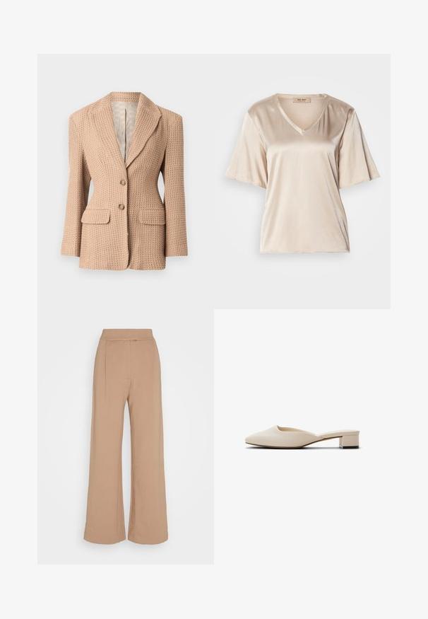 Beige, tekstureret blazer med et vævet mønster, knækket revers, to forlommer og to knapper. Fóret indvendigt i en lys farve.; Beige satin T-shirt med V-hals, korte udvidede ærmer og en glat tekstur. Designet er enkelt uden mønstre eller udsmykninger.; Anna Field Bukser - brown; Beige lædermules med spids snude, lav blokhæl og glat tekstur. Har et åbent rygdesign og en minimalistisk æstetik.