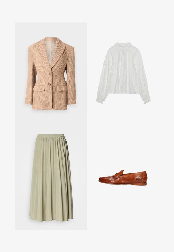 Beiger, strukturiertes Blazer mit einem gewebten Muster, mit Reverskragen, zwei vorderen Taschen und zwei Knöpfen. Innenfutter in heller Farbe.; Weiße Bluse mit langen Ärmeln, mit einem strukturierten Blumenmuster, gerafftem Ausschnitt und elastischen Bündchen. Weicher, leichter Stoff.; Geraffter langer Rock aus einem weichen, hellgrünen Stoff. Verfügt über einen elastischen Bund und ein fließendes Design, mit gleichmäßigen Falten im gesamten Rock.; Melvin & Hamilton Slipper - brown