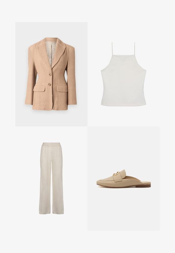 Beiger, strukturiertes Blazer mit einem gewebten Muster, mit Reverskragen, zwei vorderen Taschen und zwei Knöpfen. Innenfutter in heller Farbe.; Weißes ärmelloses Crop-Top mit dünnen Trägern und dezent gesticktem "cK"-Logo auf der Brust, einfacher Hintergrund.; Weit geschnittene Hosen aus einem weichen, hellbeigen Stoff. Sie verfügen über eine glatte Textur, einen elastischen Bund und ein einfaches, unauffälliges Design.; Beiger Slip-on flacher Loafer mit abgerundeter Spitze, strukturierter Oberfläche, breitem Riemen und goldenem rundem Schnallendetail auf weißem Hintergrund.