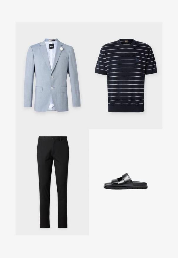 Blazer bleu clair pour homme avec col à revers cranté, deux poches avant à rabat, deux boutons, épingle fleur blanche et étiquette BOSS à l’intérieur du col.; Chemise en maille bleu marine à manches courtes avec des rayures horizontales blanches et un petit patch logo carré BOSS sur la poitrine gauche.; Pantalon noir slim avec passants pour ceinture et fermeture par bouton, présenté sur un fond gris clair uni.; Sandal en cuir noir à enfiler avec une large bandoulière réglable, bout ouvert et semelle texturée. Design minimaliste avec une semelle intérieure plate et rembourrée.