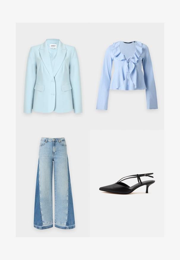 Blazer bleu clair pour femme avec deux boutons, revers crantés et poches à rabat, étiquette "ONLY" à l'intérieur du col.; Blouse à manches longues bleu clair avec tissu texturé, col en V volanté et détail noué à l'avant, présentée sur un fond uni.; Jean à jambe large avec des panneaux avant bleu clair et des panneaux latéraux bleu foncé, équipé d'une fermeture à bouton et fermeture éclair avec passants pour ceinture.; Escarpin noir en cuir à bout pointu avec petit talon kitten, fine bride de cheville avec boucle, design slingback, sur un fond uni clair.