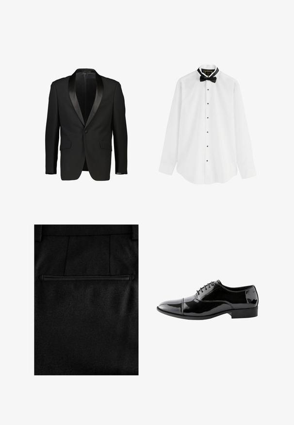 Zwarte tuxedo-jas met een satijnen sjalkraag, enkelvoudige knoopsluiting en twee voorzakken. Glad materiaal met een getailleerde pasvorm. Geen voering zichtbaar.; Witte langemouwige dressshirt met zwarte knopen en een zwarte vlinderdas. Heeft een zwarte kraagvoering en een gebogen zoomontwerp.; Zwarte stoffen broek met een soepele textuur, een enkele met rits sluitbare achterzak en op maat gemaakte stiksels voor een aansluitende look.; Zwarte glanzende leren oxfordschoen met cap toe, gesloten vetersluiting en lage hak, getoond in zijprofiel op witte achtergrond.