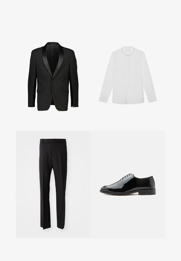 Zwarte tuxedo-jas met een satijnen sjalkraag, enkelvoudige knoopsluiting en twee voorzakken. Glad materiaal met een getailleerde pasvorm. Geen voering zichtbaar.; Witte lange mouwknop-shirt met een mandarin kraag en een enkele borstzak, plat gelegd op een effen achtergrond.; Zwarte broek met een rechte pasvorm, gemaakt van soepele stof, voorzien van een tailleband met ceintuurlussen en zijzakken. Geen zichtbare patronen of accenten.; Zwarte glanzende leren nette schoen met gesloten veters, lage hak en glad afgeronde neus, getoond vanaf de buitenkant op een effen achtergrond.