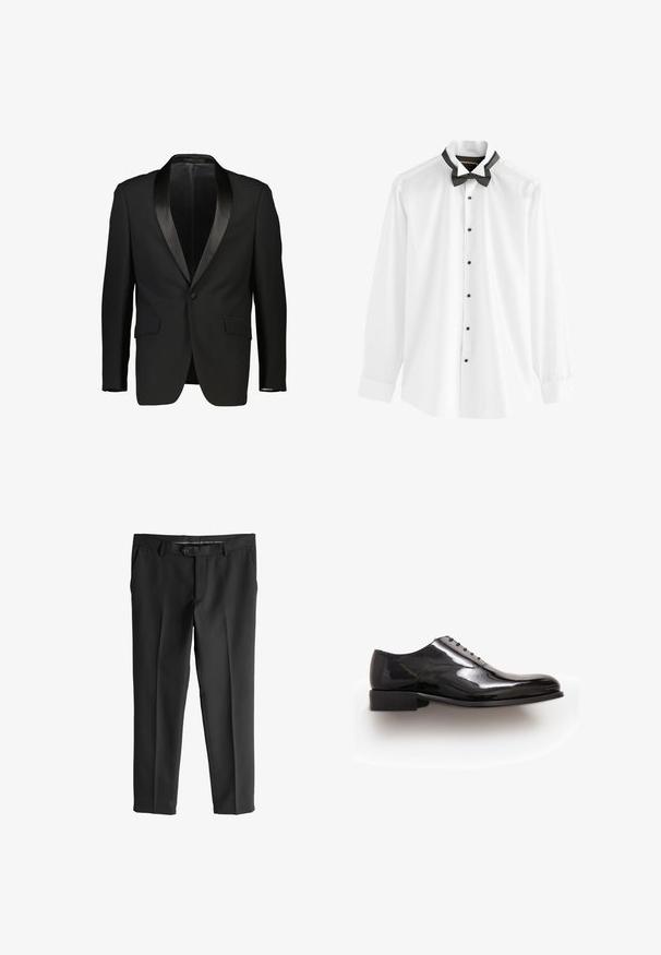 Zwarte tuxedo-jas met een satijnen sjalkraag, enkelvoudige knoopsluiting en twee voorzakken. Glad materiaal met een getailleerde pasvorm. Geen voering zichtbaar.; Witte overhemdbloes met zwarte knopen, lange mouwen en een vaste zwarte strik. Gladde stof en een klassieke kraagontwerp.; Next SKINNY FIT TEXTURED - Pantalon - black; Zwarte dresschoen met een gladde, glanzende lakafwerking. Heeft zes oogjes voor veters en een lage gestapelde hak. Klassieke ronde neusvorm.