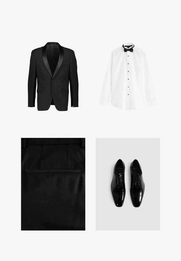 Zwarte tuxedo-jas met een satijnen sjalkraag, enkelvoudige knoopsluiting en twee voorzakken. Glad materiaal met een getailleerde pasvorm. Geen voering zichtbaar.; Wit overhemd met lange mouwen met zwarte knopen en een voorgestrikte zwarte vlinderdas op een witte achtergrond.; Zwarte stoffen broek met een soepele textuur, een enkele met rits sluitbare achterzak en op maat gemaakte stiksels voor een aansluitende look.; Zwarte lakleren nette schoenen met een puntige neus, veterontwerp en een gladde afwerking. Voorzien van een geperst merklogo op de binnenzool.