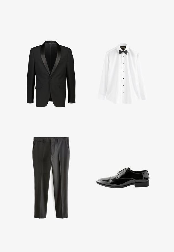 Zwarte tuxedo-jas met een satijnen sjalkraag, enkelvoudige knoopsluiting en twee voorzakken. Glad materiaal met een getailleerde pasvorm. Geen voering zichtbaar.; Wit overhemd met lange mouwen met zwarte knopen en een zwarte vlinderstrik op een effen witte achtergrond.; Zwarte op maat gemaakte broeken van een gladde stof, met een rechte snit, zijzakken en ceintuurlussen. Voorzien van persvouwen langs het been.; Zwarte lakleren schoenen met een ronde neus, vetersluiting, subtiele stikdetails en een lage rubberen zool.