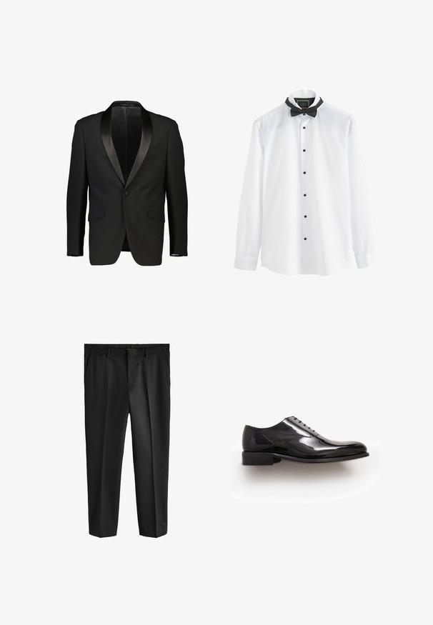 Zwarte tuxedo-jas met een satijnen sjalkraag, enkelvoudige knoopsluiting en twee voorzakken. Glad materiaal met een getailleerde pasvorm. Geen voering zichtbaar.; Next BOW TIE SET DOUBLE CUFF - Zakelijk overhemd - white; Zwarte broek in een rechte pijpdesign, met een vlakke voorkant, zijzakken en een strakke, elegante uitstraling. Gemaakt van lichtgewicht stof.; Zwarte dresschoen met een gladde, glanzende lakafwerking. Heeft zes oogjes voor veters en een lage gestapelde hak. Klassieke ronde neusvorm.