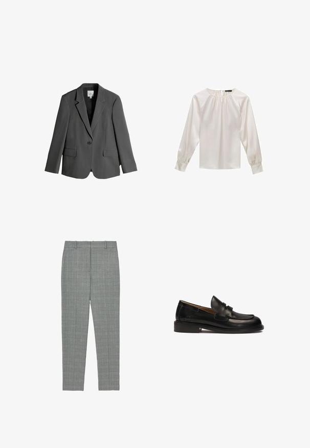 Blazer gris avec revers crantés, fermeture à un bouton, et deux poches avant. Fabriqué en tissu lisse, présentant une silhouette ajustée.; Blouse en satin blanc à manches longues, encolure ronde et détail froncé. Présente des manches légèrement bouffantes et une texture lisse.; Pantalons tapered à carreaux gris avec passants de ceinture et devant plat, conçus pour une coupe ajustée.; Mocassin en cuir noir avec un embout arrondi, une sangle décorative sur le dessus et un petit talon empilé. Texture lisse et détails de couture minimalistes.