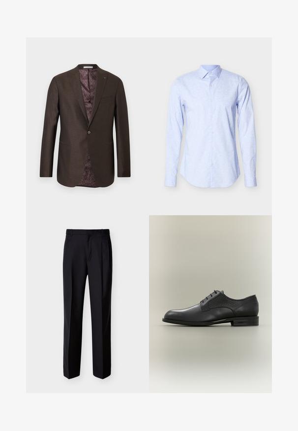 Blazer pour homme marron foncé à simple bouton avec un motif à carreaux subtil et une doublure intérieure à motif violet, orné d'une petite épingle "MK" sur le revers.; Chemise manches longues bleu clair en tissu doux, avec un motif floral subtil, fermeture boutonnée à l'avant et col classique.; Pantalon noir ajusté à coupe droite, avec un devant plissé et des poches latérales. Confectionné dans un tissu lisse et léger à motif uni.; Chaussure habillée pour homme en cuir noir avec laçage à l'avant et panneaux latéraux texturés, petit talon empilé, avec "BOSS" embossé sur la semelle.