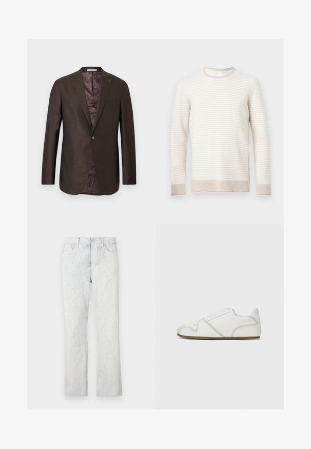 Blazer pour homme marron foncé à simple bouton avec un motif à carreaux subtil et une doublure intérieure à motif violet, orné d'une petite épingle "MK" sur le revers.; Pull beige et blanc cassé à manches longues en maille avec motif côtelé horizontal texturé, col rond, et poignets et ourlet côtelés.; Jean en denim bleu clair à coupe droite, avec une texture délavée, cinq poches, et une fermeture à bouton et braguette zippée.; Baskets blanches avec une tige en tissu lisse, des accents beige, un bout arrondi et une semelle en caoutchouc. Présente un design à lacets et des coutures sur les côtés.