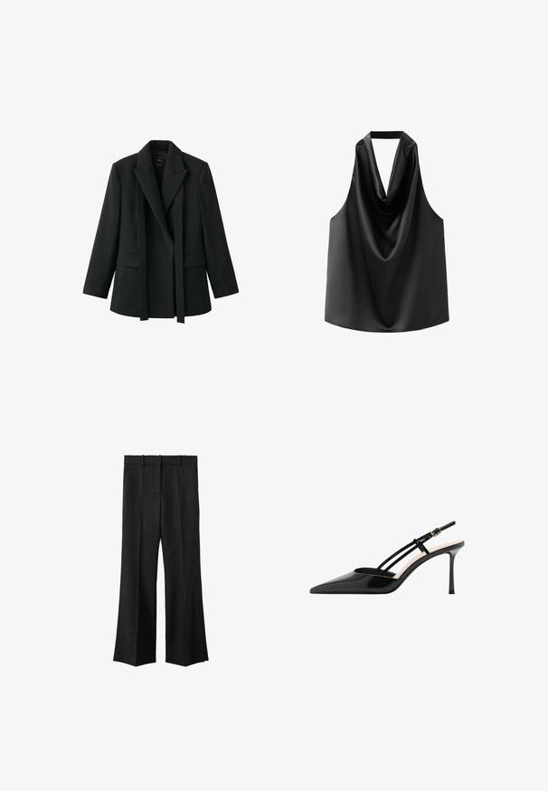 Sort blazer med en struktureret pasform, sjalskrave, åben front og to forlommer. Fremstillet i glat stof med en skræddersyet pasform.; Sort ærmeløs top lavet af glat satin, med en draperet halsudskæring og en løs pasform med en afrundet kant. Ingen synlige detaljer eller mønstre.; Sorte brede bukser med flad front, bæltestropper og to sidelommer. Lavet af et struktureret stof, der har en skræddersyet pasform.; Sort stiletpumpe i laklæder med spids tå, tynd justerbar rem og stiletthæl. Glat tekstur og minimalistisk detaljering.