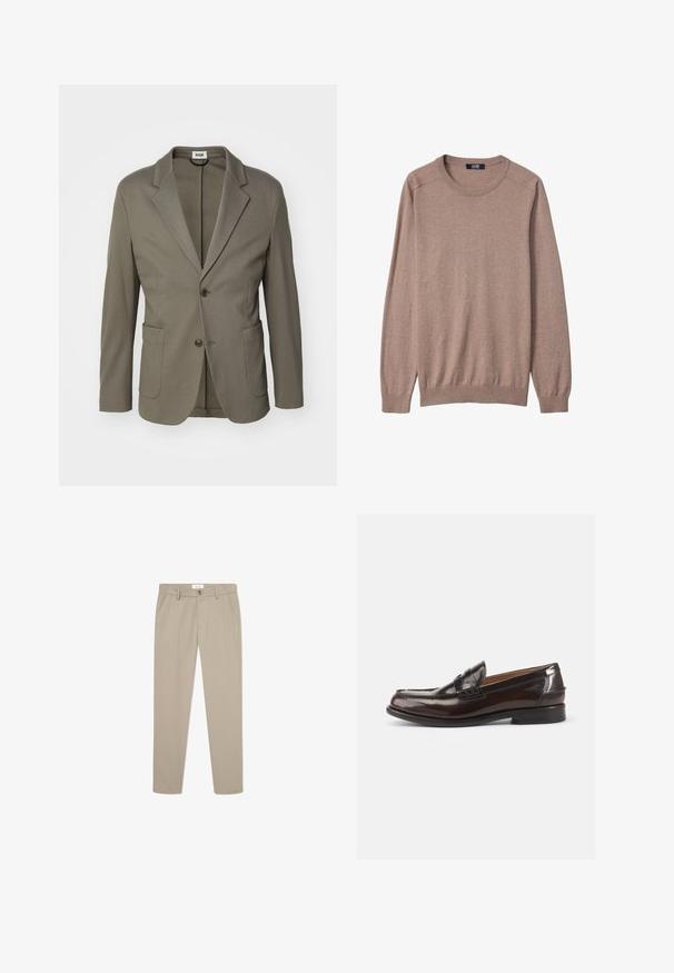 Leicht olivgrüner Blazer aus glattem Stoff; mit Reverskragen, zwei Fronttaschen und einer Zwei-Knopf-Verschluss.; Hellbrauner Pullover mit Rundhalsausschnitt und langen Ärmeln, mit gerippten Bündchen und Saum, am Halsausschnitt mit "GOBI" beschriftet.; Beige maßgeschneiderte Hose aus glattem Stoff. Sie verfügt über Fronttaschen, einen Knopfverschluss und ein elegantes, gerades Bein-Design.; Braune Lederloafer mit glänzender Oberfläche, einem gesteppten Design an der Spitze und einem niedrigen Absatz. Seitliches geprägtes Branding-Detail ist vorhanden.