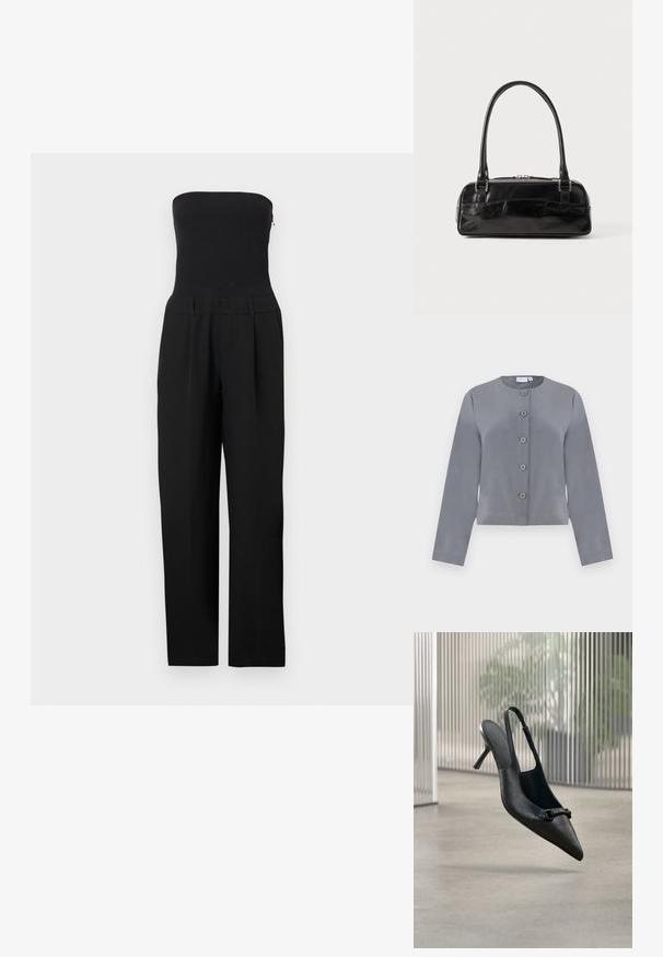 Graue, kurze Jacke mit rundem Ausschnitt, sechs Knopfverschluss, langen Ärmeln und glatter Stoffoberfläche.; Schwarzer trägerloser Overall mit tailliertem Oberteil und weitem Hosenbein auf weißem Hintergrund dargestellt.; Schwarzer, strukturierter Leder-Slingback-Hochschuh mit spitzer Spitze und einer kleinen dekorativen Schnalle, der über einem glatten Boden zu schweben scheint.; Schwarze Lederhandtasche in rechteckiger Form, mit einem stabilen Griff, silbernem Zubehör und Reißverschluss. Glatte Textur.