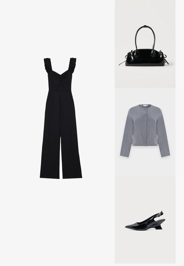 Grå kort jakke med rund halsudskæring, seks knaplukninger foran, lange ærmer og glat stofstruktur.; Sort jumpsuit med brede ben, flæser på stropperne og sammensamling ved brystet. Lavet af blødt stof med en glat overflade.; Sort laklæder slingback sko med spids tå og lav vinklet blokhæl på ensartet lys baggrund.; Lille sort blank håndtaske med to lange håndtag og snøre-detaljer i siden på en ensfarvet lys baggrund.
