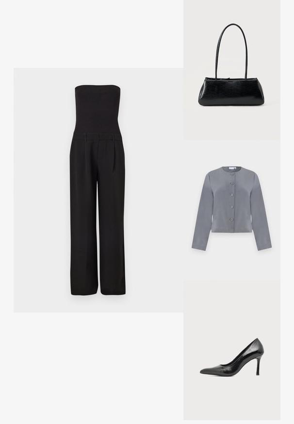Grå kort jakke med rund halsudskæring, seks knaplukninger foran, lange ærmer og glat stofstruktur.; Sort stropløs jumpsuit med tætsiddende ribbet overdel og brede, skræddersyede bukser.; Sort laklæder damestilet med spids tå og slank hæl på en ensartet lys baggrund.; Sort rektangulær skuldertaske med lange tynde stropper og en glat, blank tekstur på en ensfarvet baggrund.