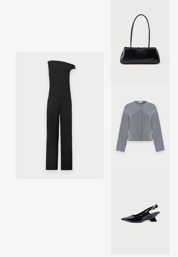 Graue, kurze Jacke mit rundem Ausschnitt, sechs Knopfverschluss, langen Ärmeln und glatter Stoffoberfläche.; Schwarzer ärmelloser Jumpsuit mit asymmetrischem Ein-Schulter-Design und weitem Bein auf hellem, einfarbigem Hintergrund.; Schwarzer Slingback-Schuh aus Lackleder mit spitzer Spitze und niedrigem, schrägem Blockabsatz auf einfachem hellem Hintergrund.; Schwarze rechteckige Schultertasche mit langen dünnen Trägern und einer glatten, glänzenden Textur auf einfarbigem Hintergrund.