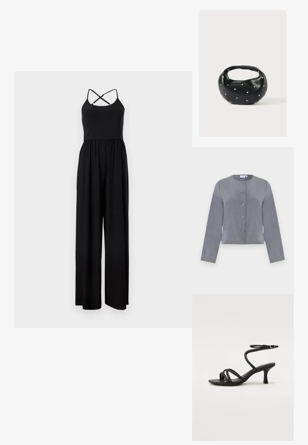 Graue, kurze Jacke mit rundem Ausschnitt, sechs Knopfverschluss, langen Ärmeln und glatter Stoffoberfläche.; Schwarzer ärmelloser Jumpsuit mit Spaghettiträgern, die sich am Rücken kreuzen, und Hosen mit weitem Bein, dargestellt vor schlichtem Hintergrund.; Even&Odd Wide Fit Riemensandalette - black; Schwarze Lederhandtasche mit abgerundeter Form, verziert mit silbernen Nietenakzenten und kurzem Griff. Glatte Struktur und Reißverschlussverschluss.