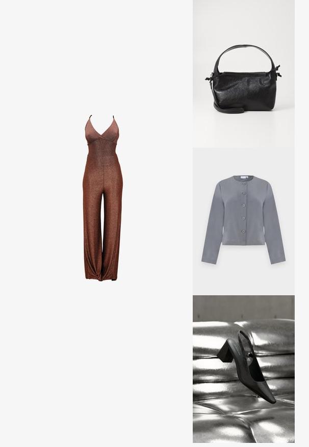 Veste grise courte avec un col rond, fermeture à six boutons à l'avant, manches longues et texture de tissu lisse.; Combinaison en glitter bronze avec un décolleté en V profond, des bretelles fines et une coupe à jambes larges. Texture lisse avec un corsage ajusté et une taille élastique.; Escarpin noir à bride arrière avec bout pointu, présentant une surface texturée et un talon bloc épais. Posé sur un fond métallique brillant.; Sac à main en cuir noir au design structuré, avec une poignée arrondie et une bandoulière amovible. Présente une texture lisse et un éclat subtil.