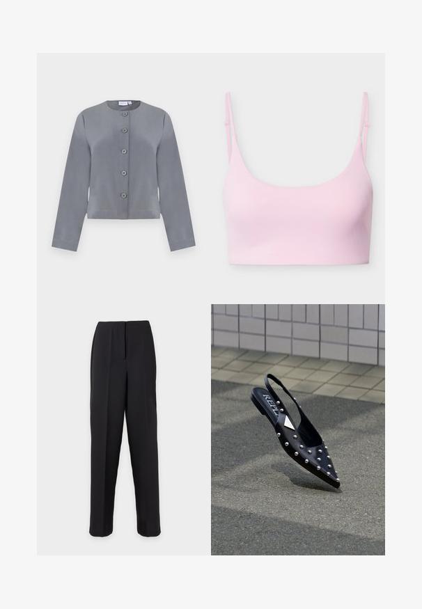 Grå kort jakke med rund halsudskæring, seks knaplukninger foran, lange ærmer og glat stofstruktur.; Lys pink sømløs bralette med tynde justerbare skulderstropper og et glat, simpelt design.; Sorte, lige bukser med høj talje og pressefold foran på en ensfarvet lys baggrund.; Sort spids slingback-sko lavet af glat materiale, med sølvnitter, flad sål og logo på indersålen.