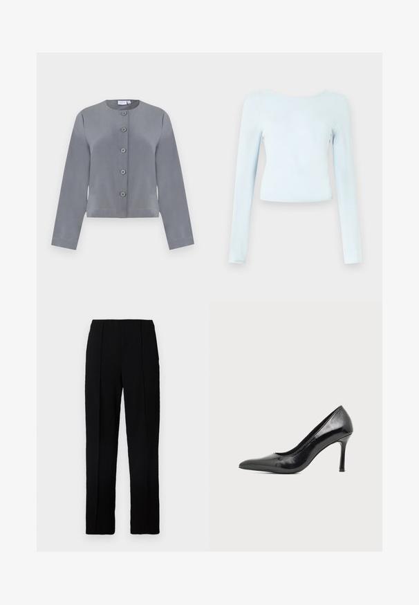 Grå kort jakke med rund halsudskæring, seks knaplukninger foran, lange ærmer og glat stofstruktur.; Langærmet, lyseblå crop top lavet af blødt stof med rund halsudskæring og tætsiddende design. Glat tekstur uden synlige mønstre.; Sorte bukser med lige ben, lavet af et glat stof, med to forreste læg og en ren linning.; Sort laklæder damestilet med spids tå og slank hæl på en ensartet lys baggrund.